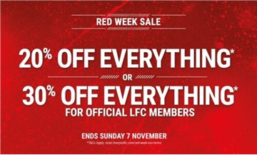利物浦足球俱乐部推出"Red Week"特卖周庆祝"双十一"节日