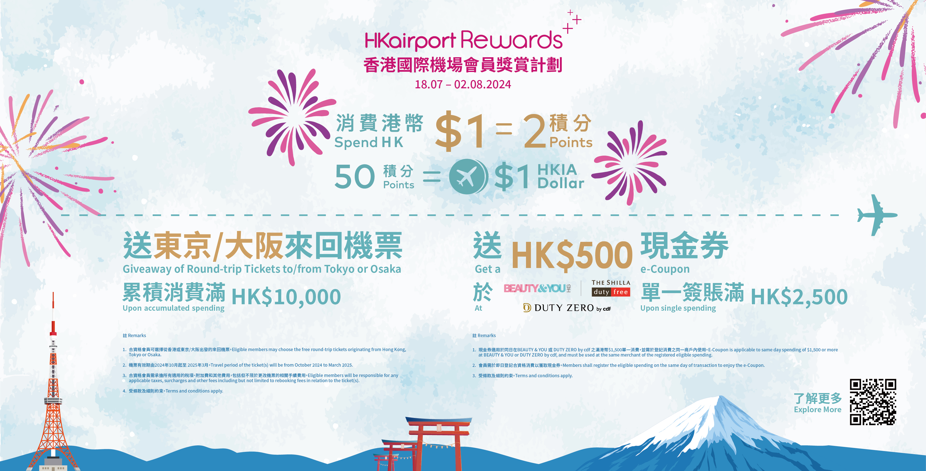 香港國際機場為「HKairport Rewards」會員特別呈獻豐富購物獎賞，其中更包括東京/大阪往返機票